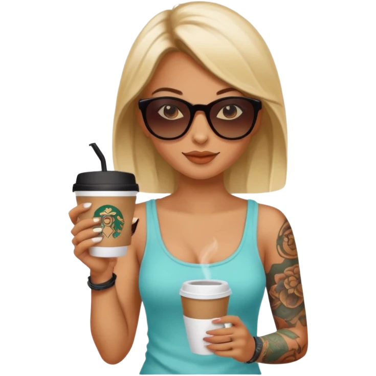 gözlük takan, dövmeli ve elinde kahve tutan, yaz kıyafetli bir kadın emoji