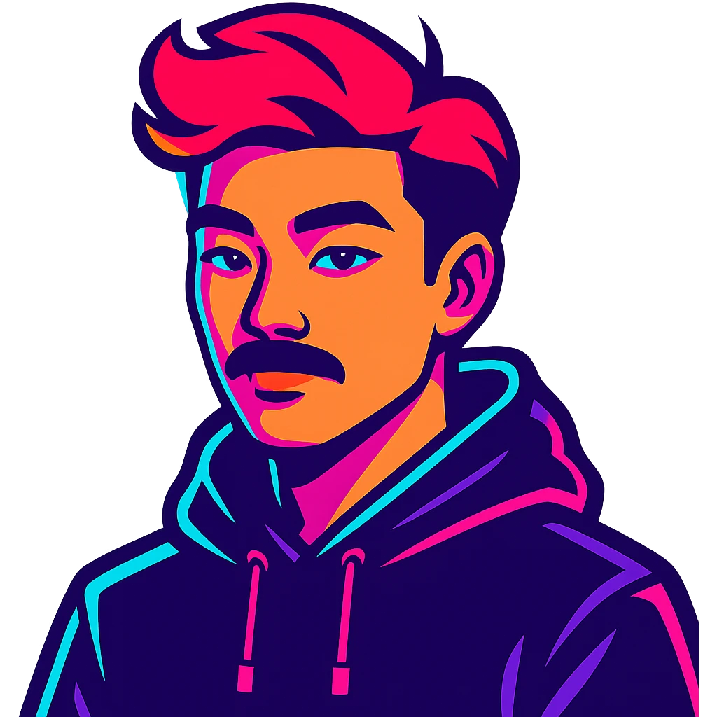 Asian man with black mustache, red hair, black hoodie, in vibrant neon-lit 80's cyberpunk anime style emoji