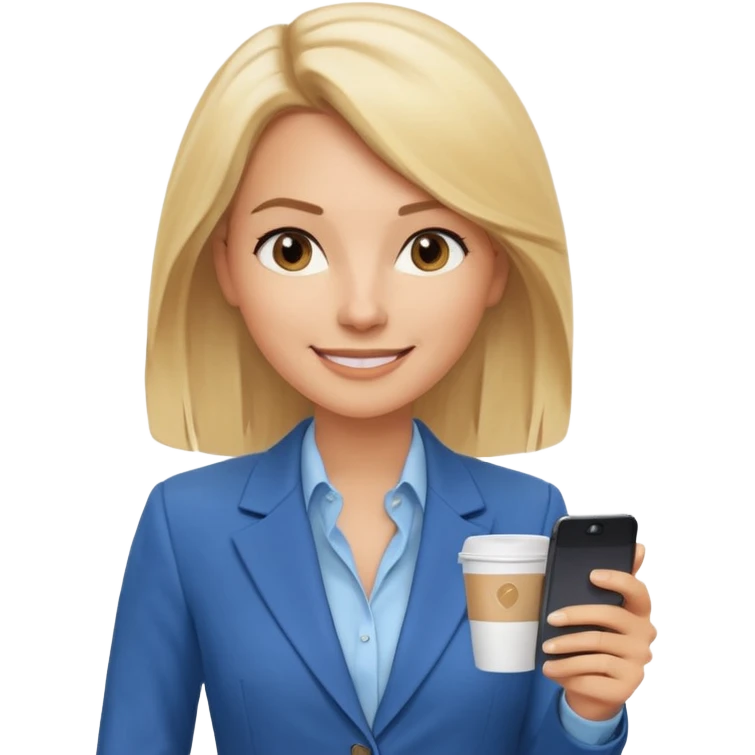 Confident and outgoing female entrepreneur, Caucasian features, shoulder-length blonde hair, big friendly smile, expressive eyes, wearing a blue blazer over a light blue blouse, holding a smartphone in one hand and a coffee cup in the other, waist-up, front-facing emoji