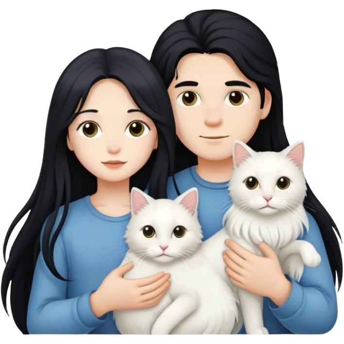 A young boy and a girl with long black hair holding a white long-haired cat emoji