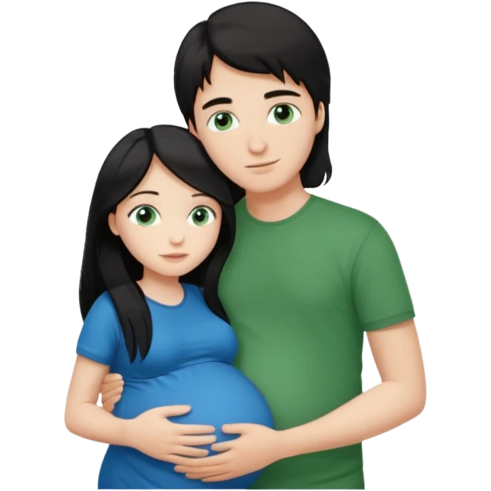 Make a couple emoji they are 18. The girl has long black hair and blue eyes and is hugging a pregnant boy with brown hair and green eyes they are both wearing the same colour top.  emoji