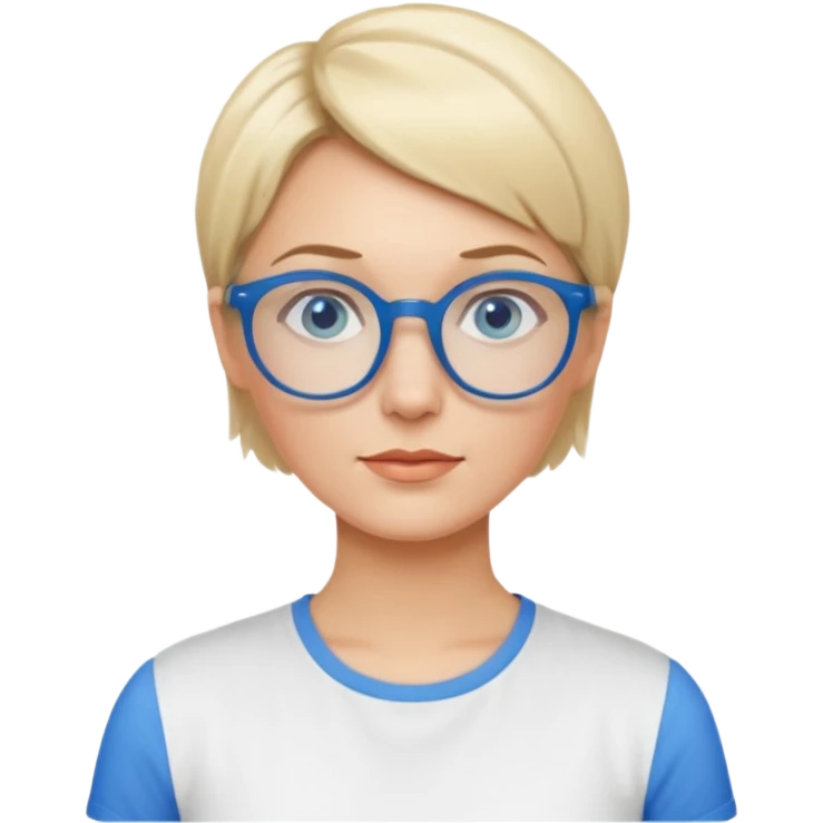 femme 40 ans cheveux courts garçon blond avec raie sur le coté, yeux bleu et lunettes rondes bleues emoji