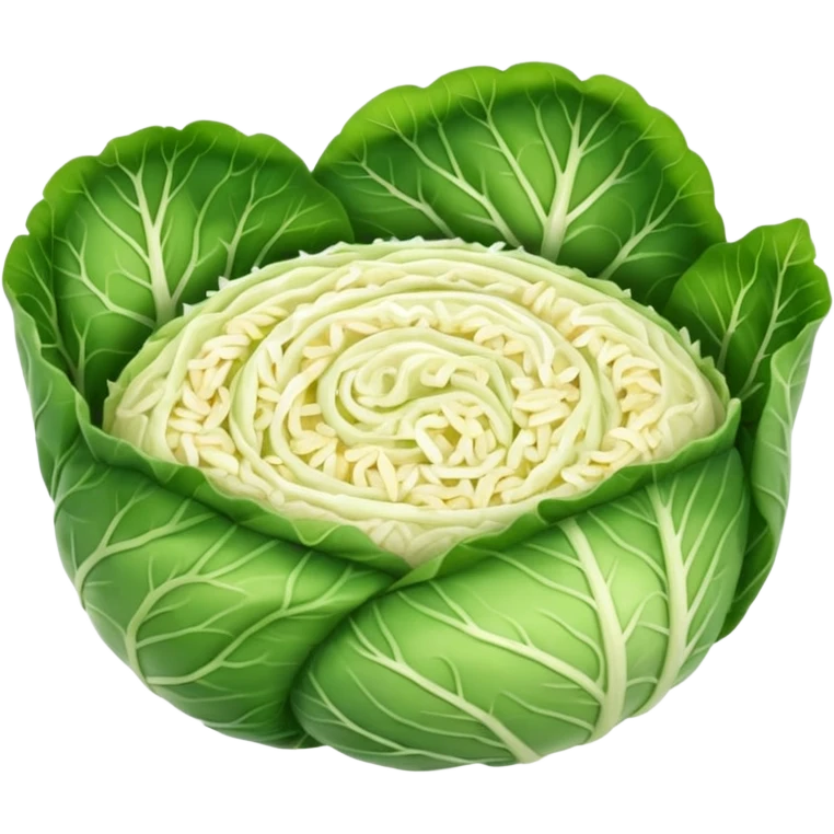 Emoji of sarmale: a small rolled cabbage leaf, pale green and slightly wrinkled, with a visible meat-and-rice filling, simple rounded emoji style, warm and cozy. emoji