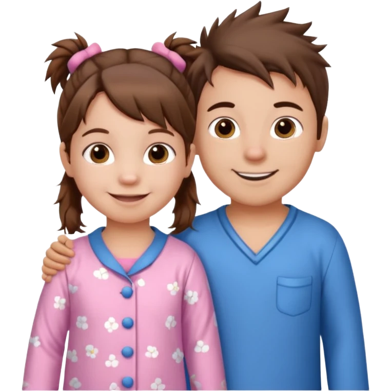 A toddler girl with brown hair with two pig tails, wearing pink pajamas and a bigger 4 year old boy with spikey brown hair, wearing blue pajamas. Both light skin and smiling.  emoji