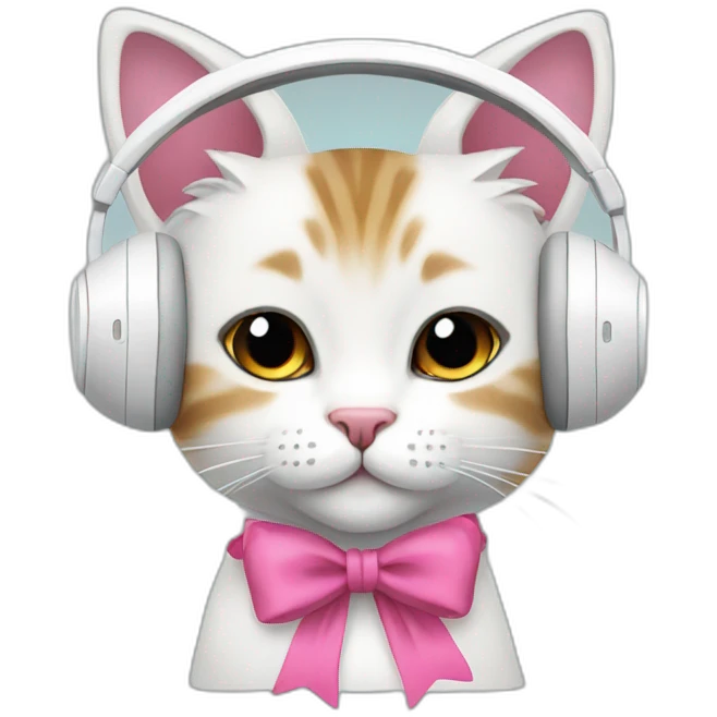 cute cat with pink bow and winter white headphones emoji