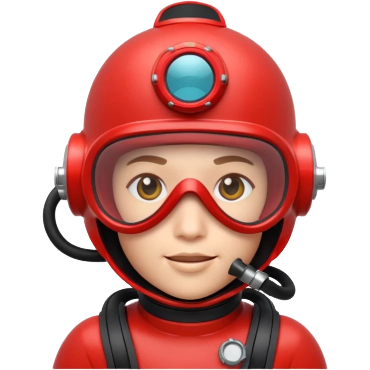 3D cartoon-style human character in the Apple emoji style, wearing a red scuba diving helmet with glass visor emoji
