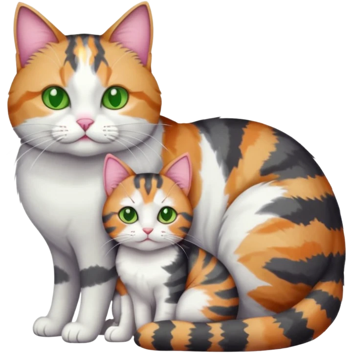 full body colourful light patched calico + white tabby cat cuddling a big dark grey and white tabby cat  emoji