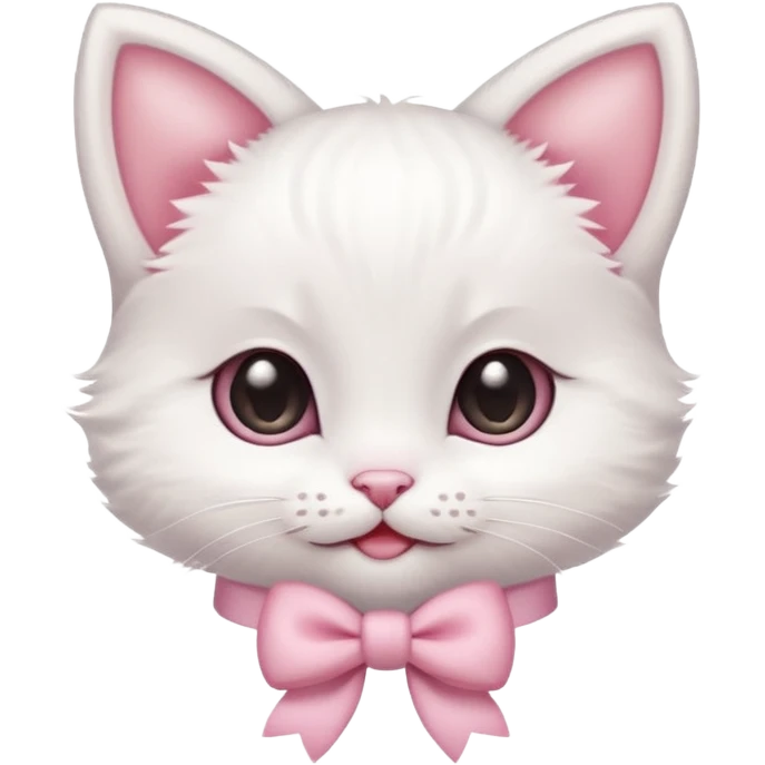 A tiny white kitten with innocent eyes, rosy pink cheeks, and an adorable smile, sporting a dainty pink bow on its head emoji