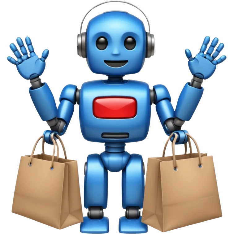 black friday robot with blue and metalic colours with bags in his hands smiling emoji