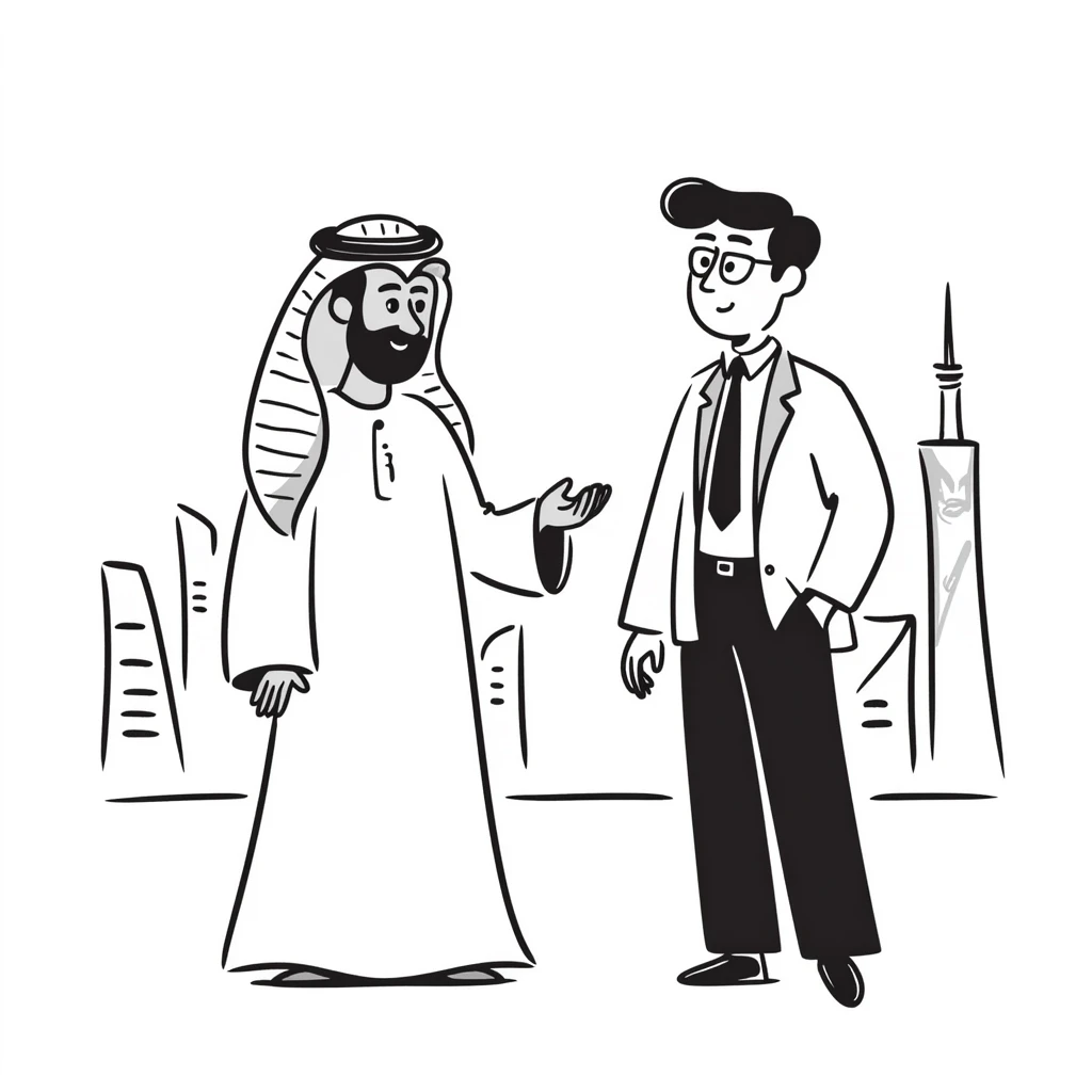 UAE sheikh in traditional clothes standing and talking with a USA businessman in a suit emoji