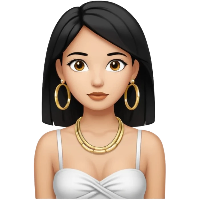 latina makeup olsun, saçları düz, halka küpeler büyük gümüş renginde olsun, kolye taksın ve beyaz bir Bandeau top kıyafet giyisin emoji