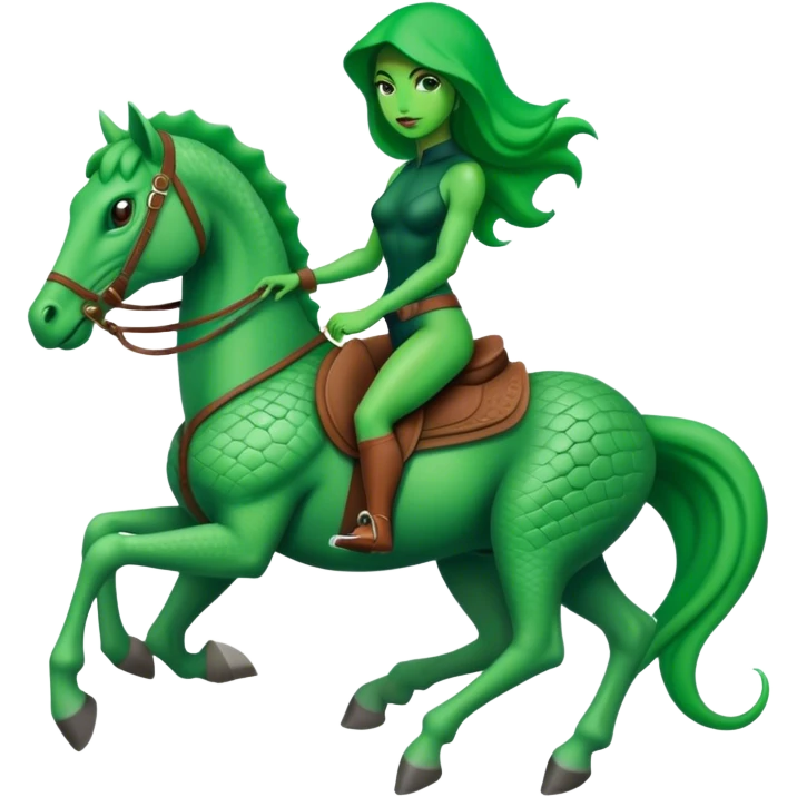 reptilian alien green woman, rides horse emoji