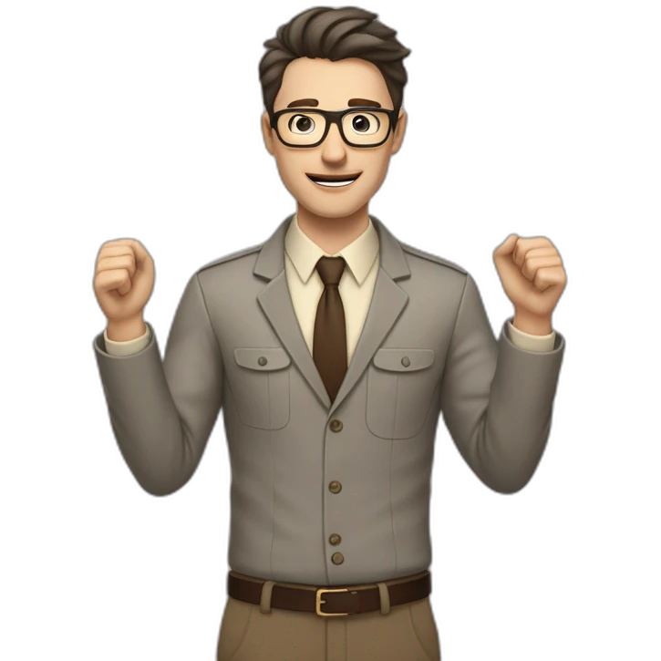 To belt Actively gesturing with hands Pale skinned fit man teacher with dark brown hair in gray jacket, beige office shirt, brown tie, brown pants and vintage glasses. emoji