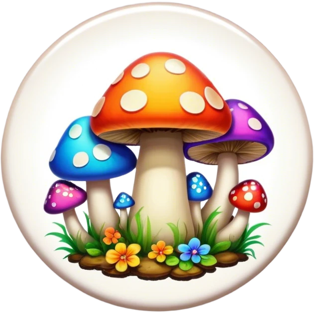 A round psychedelic colored button with bezeled edges and colorful hippie style mushrooms emoji