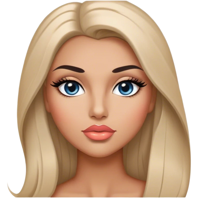 Glamours, tanned, very beautiful girl, with big pump peach-beige-rose lips, long long lashes, black straight smooth silky long hair, straight parting hair, blue-grey eyes emoji