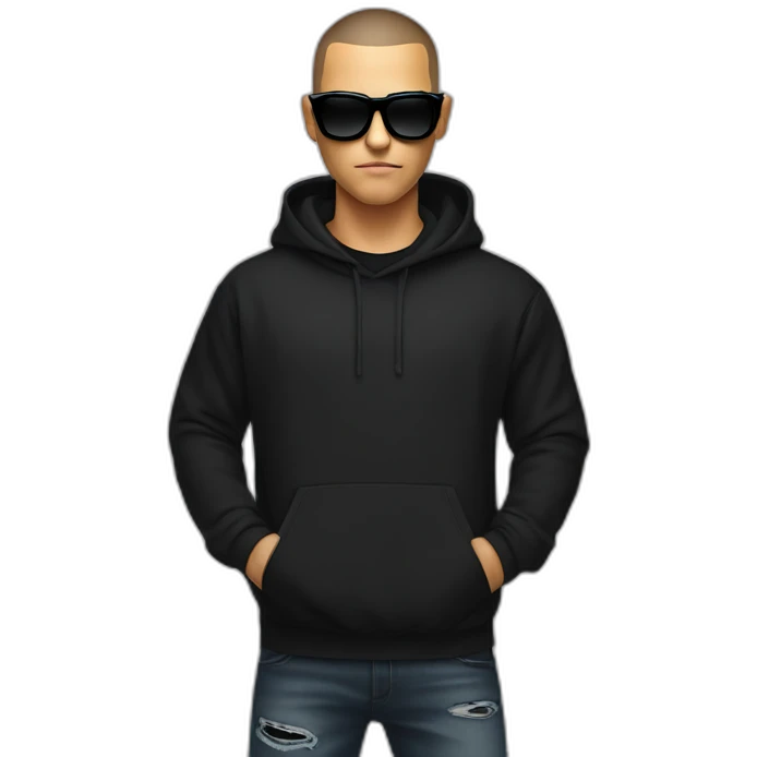 DJ Snake face serious attitude with black sunglasses front view wearing a BLACK hoodie emoji