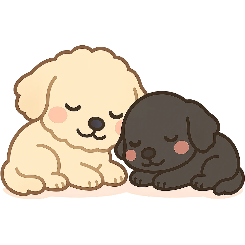 large light cream colored goldendoodle and small black golden retriever, chibi style, sleeping with their heads touching emoji