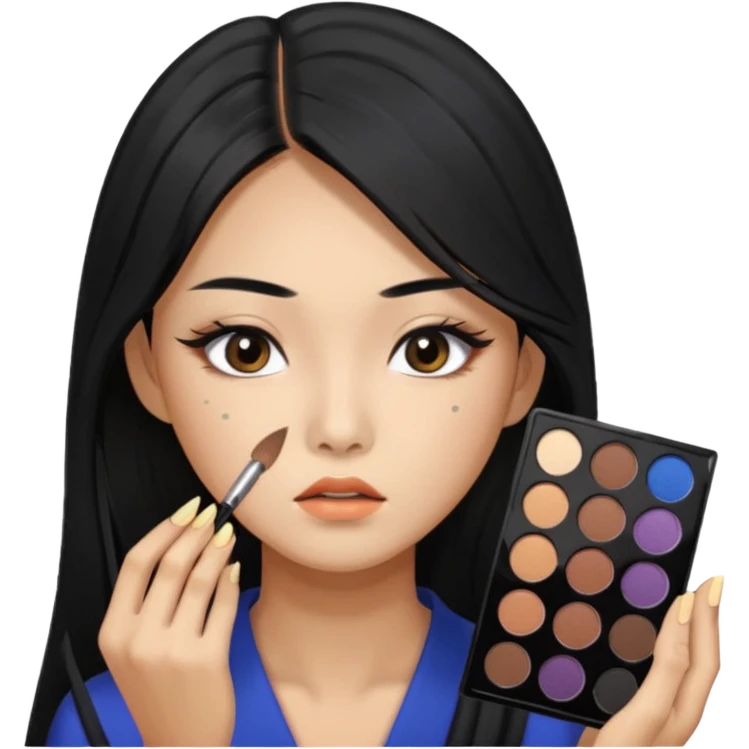 Korean woman with long hair applying eyeshadow to upper body, focused expression emoji