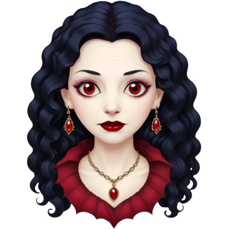 old Vampire lady Pale queen with ruby necklace, curly black long hair emoji