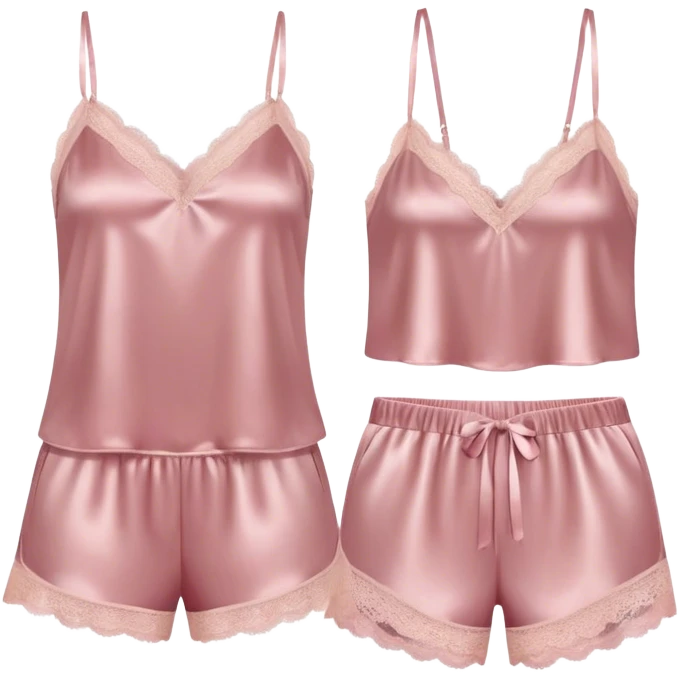 Dusty pink satin pajama shorts and camisole set with lace trim  emoji