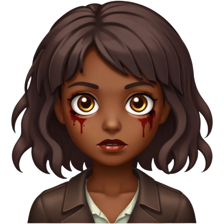 menina zumbi, cabelos castanho escuro com mechas chocolate, olhos castanhos escuro, cabelo ondulado nas pontas, e franjão  emoji