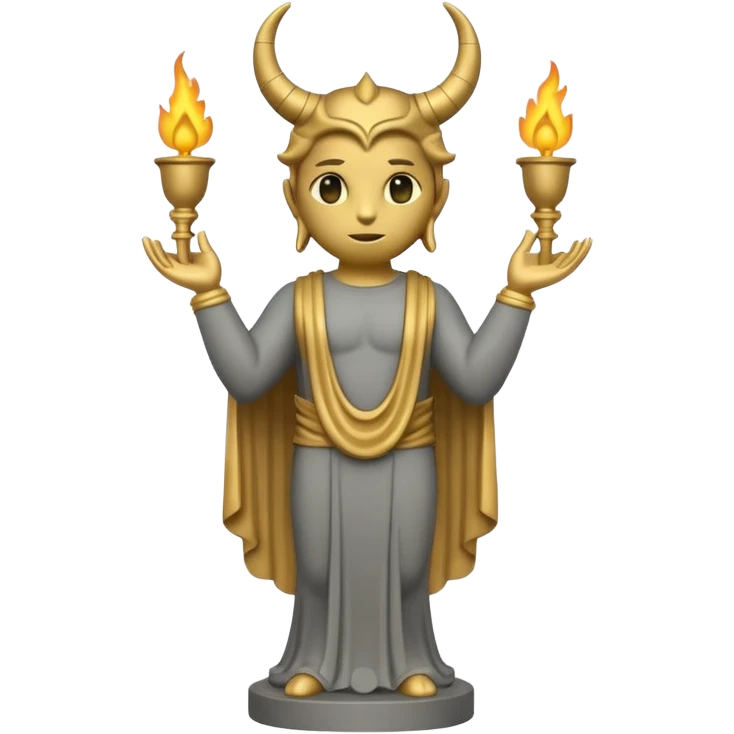 Minimalist emoji-style sticker of a full-body Oscar-like statue in matte gray-gold, with small horns  and faint flames at the base, all in black and muted hues emoji