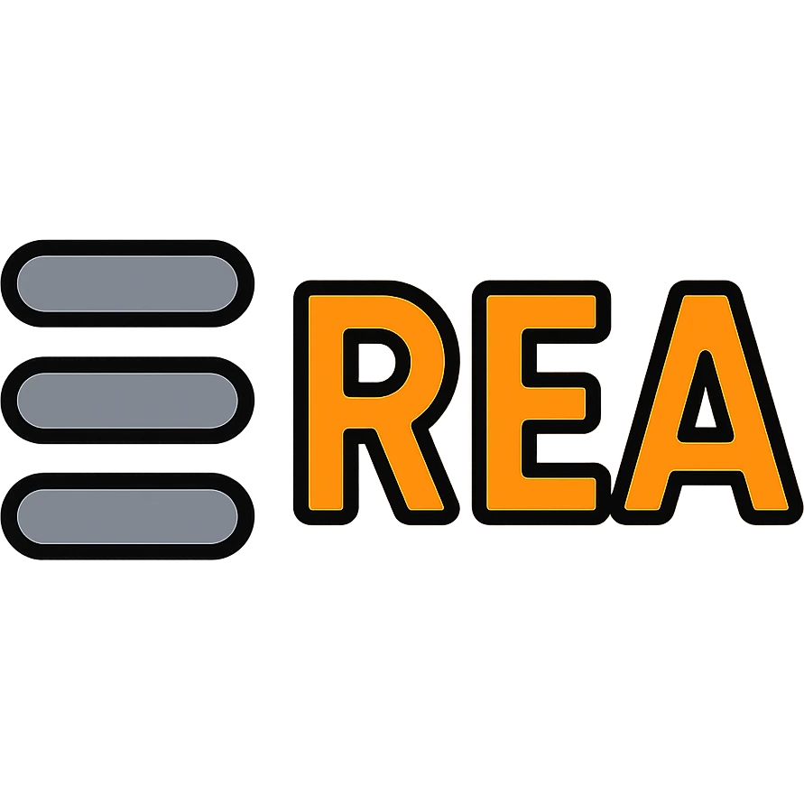 three grey horizontal lines as a symbol, followed by 'REA' in orange uppercase text, clean and modern style emoji
