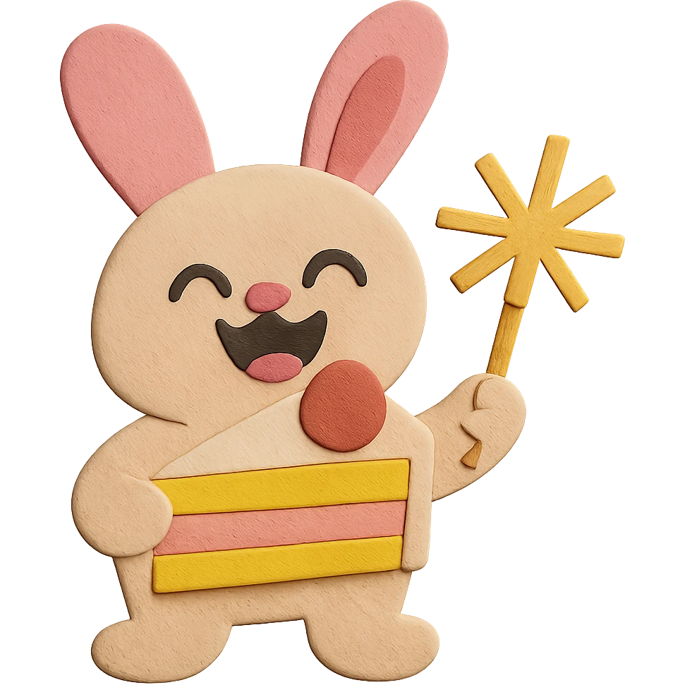 Keep the design the same, but add the pink color to the bunny's other ear so both ears match. Maintain the paper-craft style, cake slice, and sparkler. emoji