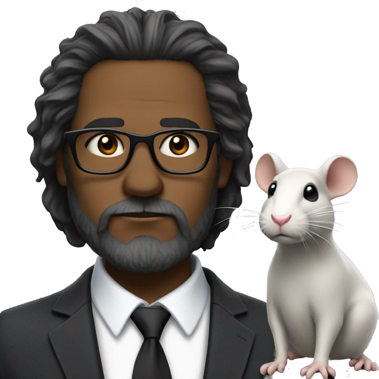 A middle-aged man with a blank expression on his face, a black trimmed medium beard, black glasses, long messy hair, wearing a suit with a white rat on his shoulder emoji