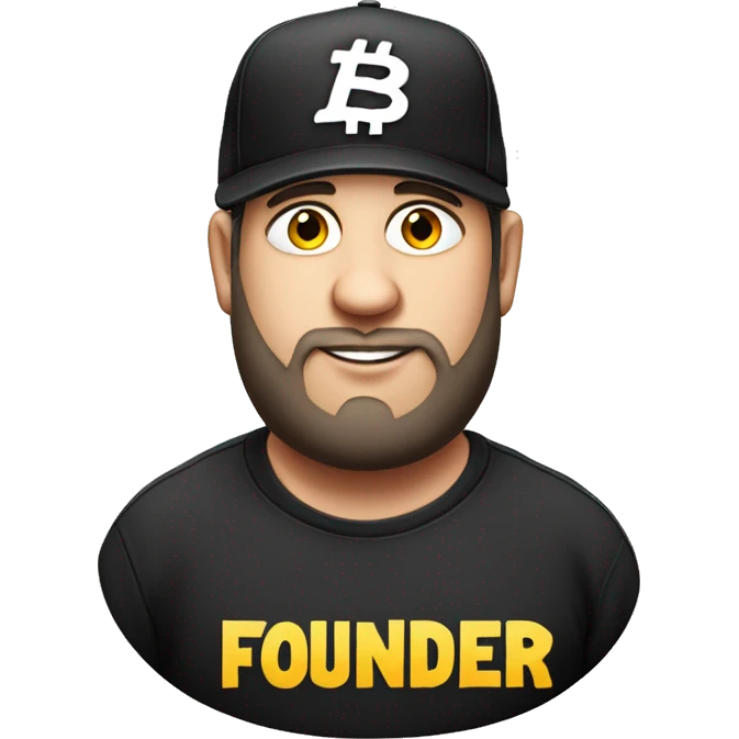 Fat Jewish man in his 30s wearing black trucker hat that says Founder on the hat emoji