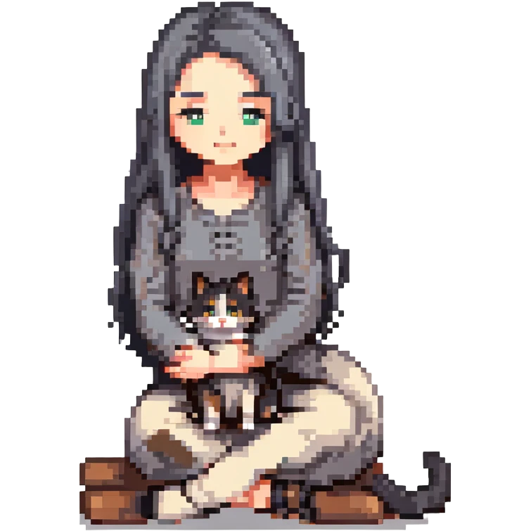beautiful girl with long black hair sitting cross-legged petting a gray and blonde mixed cat curled beside her, pixel art style emoji