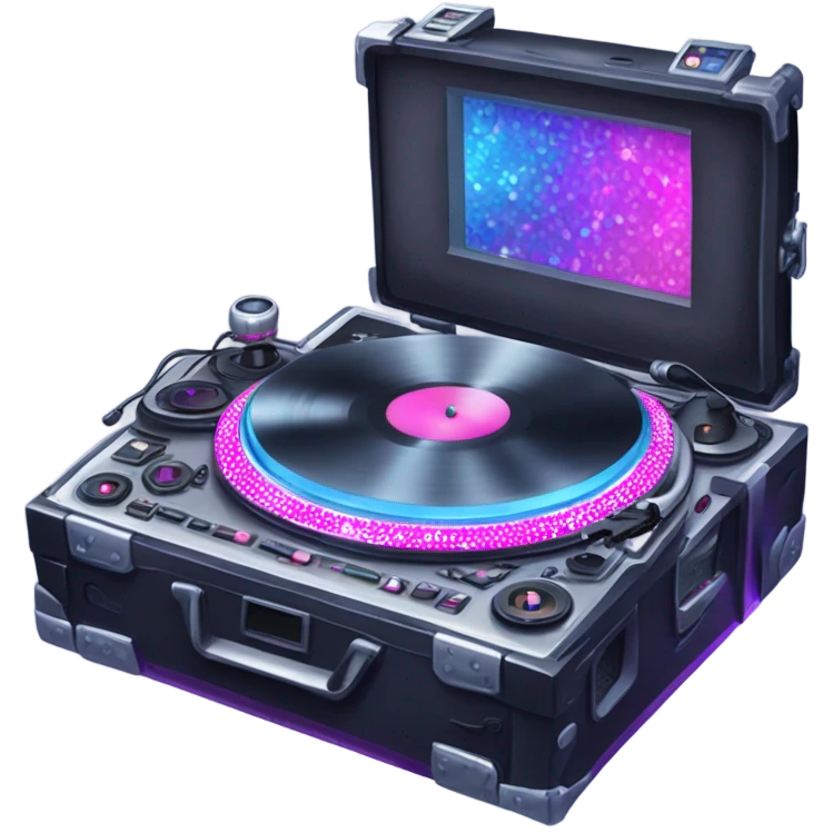 Realistic isolated DJ turntables and console setup with pink,blue,and purple sparkling diamonds and rhinestones on it. emoji