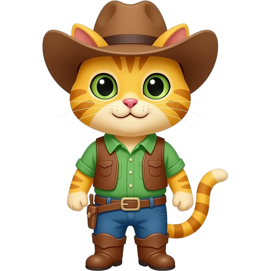 yellow cat wear green cowboy outfit and brown cowboy hat front view standing pose emoji