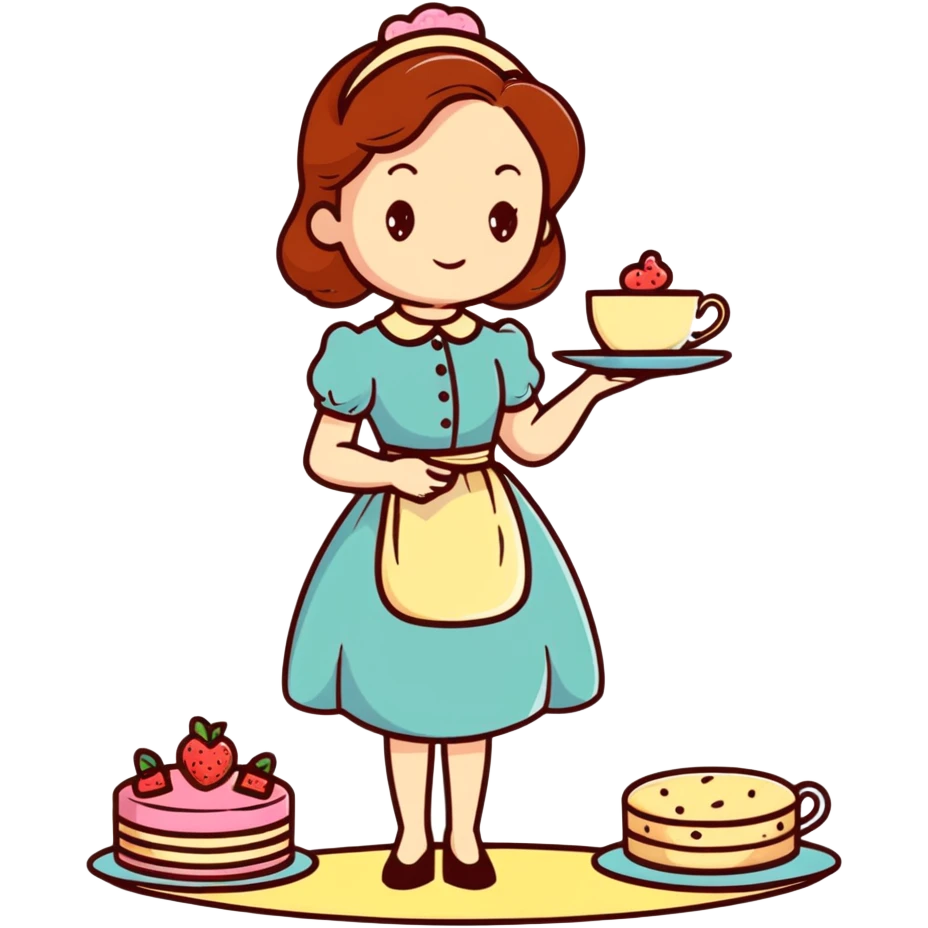 Charming British girl in vintage dress having afternoon tea with fancy teacup, scones and cake stand emoji
