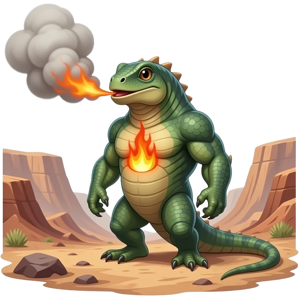imaginary Creature: A stocky reptilian creature that stores heat in its chest and exhales thick, burning ash clouds. It prefers dry canyons and volcanic slopes emoji