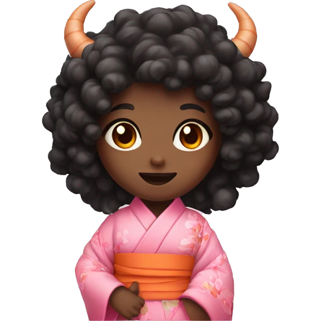 a demon girl with curly black orange and pink eyes with a pink kimono and a bamboo  emoji