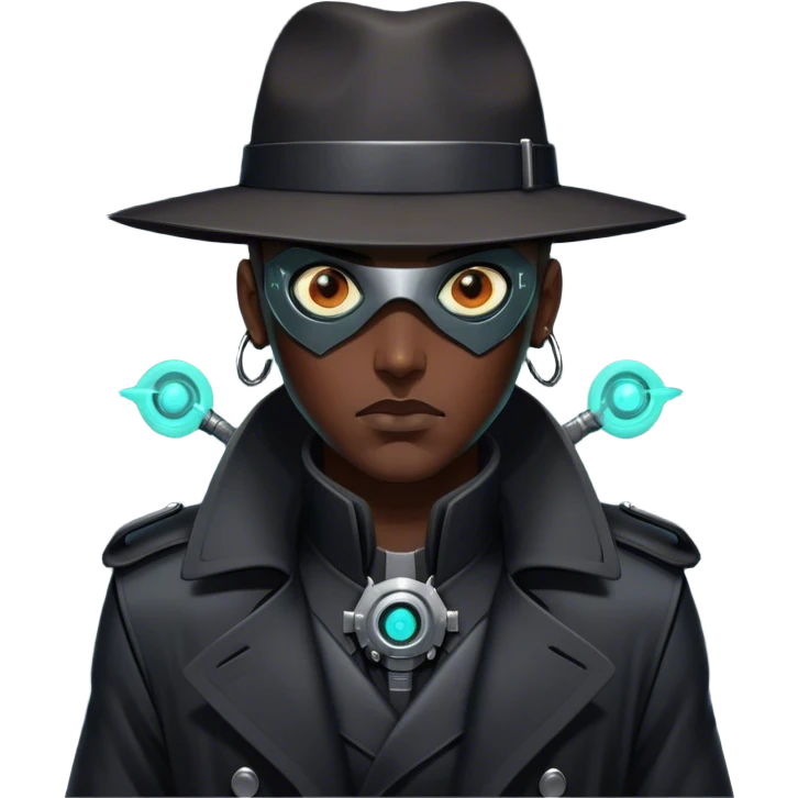 A dystopian bounty hunter, black trench coat, cybernetic eye glowing emoji