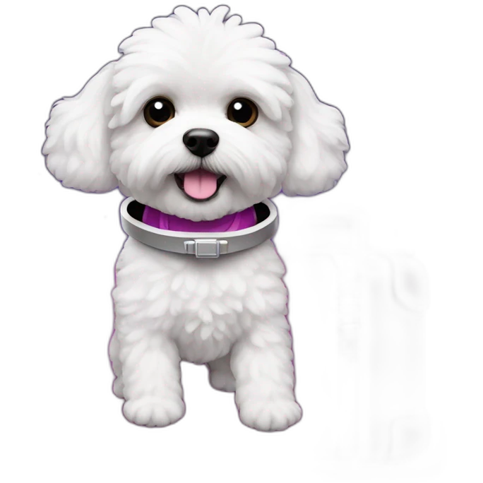 a white maltipoo as purple astronaut with a pink luggage emoji
