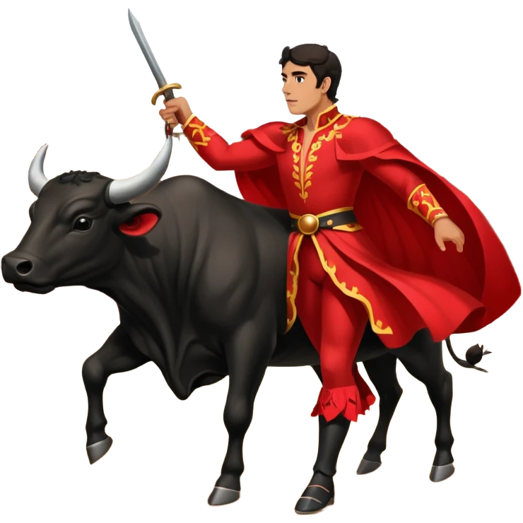 Create a realistic image of a traditional bullfighting scene in a Spanish arena.
Show a bullfighter (matador) HOLDING a red cape (muleta) not wearing one. as a powerful black bull charges toward it. emoji