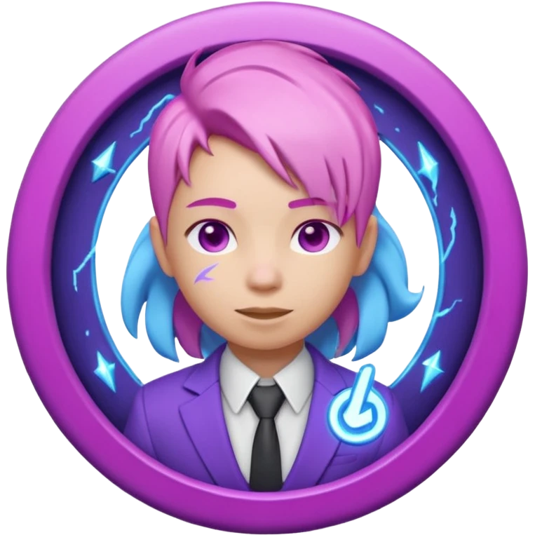 Cute 3D emoji-style character with pink hair and purple eyes, inside a circular badge. No hands, no pose. Clean purple suit with a glowing neon-blue ‘C’ logo on the chest, small lightning accent. Smooth Apple-style lighting, friendly expression emoji