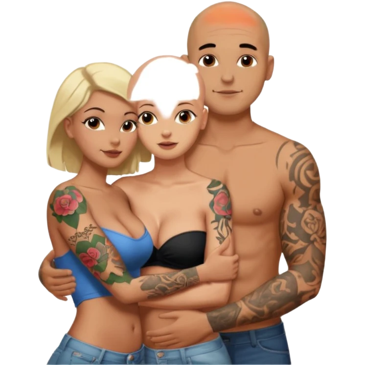 throuple tattooed sleeves bbald male with topless naked big boobed brunette and topless naked big boobed blonde girlfriends  loving  and sexy polygamy naughty  emoji