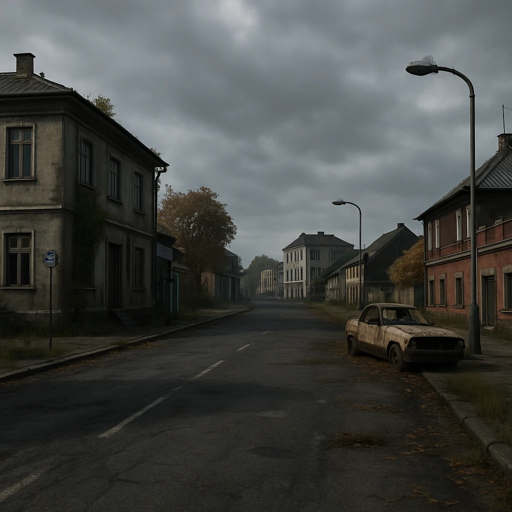 a view of the city street in a videogame: DayZ - in the town of berezino [no text contained in the image] emoji