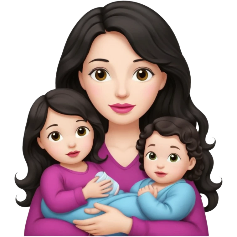 Beautiful Mother long black wavy  hair pink lipstick  holding 1 one infant brown hair fair skin emoji