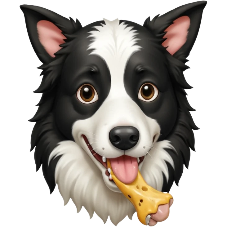 A black and white border collie is chewing on a rotten, smelly cow's hoof. emoji