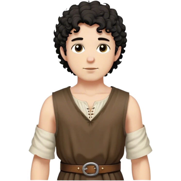medieval summer outfit worn by a DnD themed fantasy character. basic sleeveless cotton shirt with a loose neckline and a thin leather belt. clothes only above the waist. The clothes full waist. The character's haven't arms. character is black hair, brown eyes, short curly hair, white skinned man. emoji