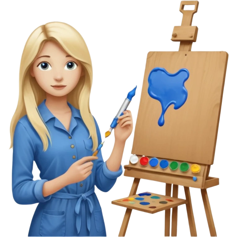 female artist, 20 years old, blonde with long hair, blue eyes, beautiful, confident, thin. In the hands of paints, she is near the easel, 20th century emoji