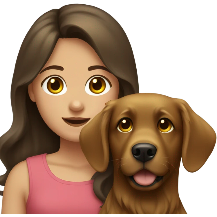 Girl with brown hair and green brown eyes next to a black golden retriever emoji