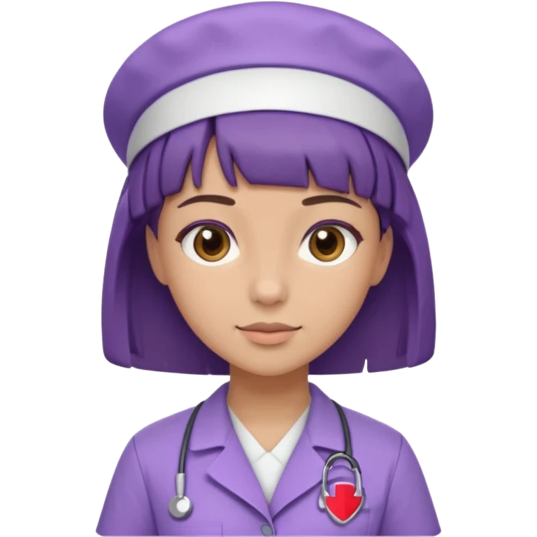A young female slim nurse with short Brown hair with fringe over her forehead, wearing larvendar purple working cloth emoji