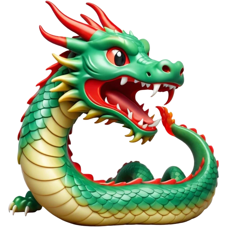 Cinematic Cute Yawning Chinese Serpent Dragon Portrait Emoji, Head gently inclined with a dramatic, wide-open yawn, revealing an elegantly elongated body with softly glowing jade and vermilion scales, enriched by subtle, ethereal cloud and ripple motifs; rendered with authentic detail and delicate natural light, high shine, relaxed yet wise, styled with a dash of ancient mystique, soft glowing outline, capturing the essence of a drowsy but venerable celestial dragon ready to drift into a serene, timeless slumber! emoji