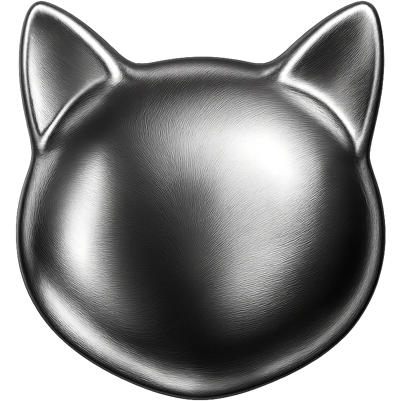 cat head in shiny metallic chrome style, highly reflective and glossy emoji
